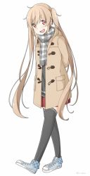 Rule 34 | 10s, 1girl, arms behind back, baseu, black thighhighs, brown eyes, brown hair, casual, coat, full body, kantai collection, long hair, looking at viewer, murasame (kancolle), open mouth, plaid, plaid scarf, pleated skirt, scarf, shoes, simple background, skirt, smile, sneakers, solo, thighhighs, trench coat, twintails, twitter username, very long hair