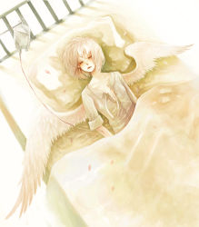 Rule 34 | 1boy, androgynous, angel wings, bed, blanket, clona, commentary request, cotori (clona), closed eyes, feathered wings, from above, intravenous drip, lying, male focus, monochrome, muted color, on back, open clothes, open shirt, original, parted lips, petals, pillow, shirt, sleeping, sleeves rolled up, solo, white wings, wings, yellow theme