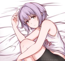 Rule 34 | 1girl, bare shoulders, bed sheet, bike shorts, closed mouth, disco brando, from side, hair intakes, hand up, idolmaster, koshimizu sachiko, looking at viewer, lying, on bed, on side, purple hair, shirt, short hair, sleeveless, sleeveless shirt, solo, twitter username, yellow eyes