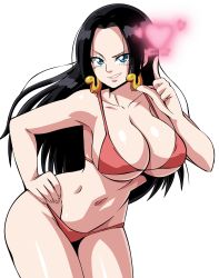 Rule 34 | 1girl, armpits, bikini, black hair, blue eyes, blush, boa hancock, bouncing breasts, breasts, censored, cleavage, curvy, highres, huge breasts, jewelry, lewdamone, long hair, looking to the side, navel, nipples, novelty censor, one piece, open mouth, sagging breasts, smile, strap pull, swimsuit, underboob