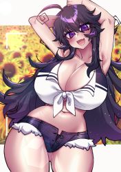 Rule 34 | 1girl, absurdres, armpits, arms behind head, black hair, breasts, cleavage, flower, highres, huge breasts, long hair, looking at viewer, nyarla (osiimi), open fly, original, osiimi, purple eyes, revealing clothes, shirt, short shorts, shorts, standing, sunflower, thighs, tied shirt