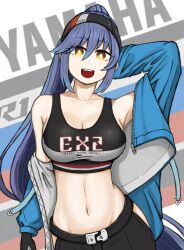 Rule 34 | 1girl, :d, azur lane, belly, blue hair, breasts, essex (a trip down route 66) (azur lane), essex (azur lane), hands up, highres, jacket, long hair, looking at viewer, medium breasts, nagabegi (ryuuboku), navel, open clothes, open jacket, open mouth, ponytail, smile, solo, sugoi dekai, tank top, yellow eyes