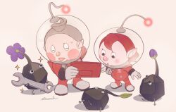 Rule 34 | 1boy, 1girl, :o, artist name, blush, bud, closed eyes, collin (pikmin), commentary request, cowlick, double sided wrench, flower, gloves, grey hair, helmet, holding, holding tablet pc, holding wrench, jumpsuit, leaf, looking at another, lying, nintendo, on back, open mouth, pikmin (creature), pikmin (series), pikmin 4, pointy ears, rescue officer (pikmin), purple flower, radio antenna, red hair, red jumpsuit, rock pikmin, shadow, short hair, signature, simple background, sitting, smile, space helmet, spacesuit, sparkle, standing, sweatdrop, tablet pc, toumin (touminmin1026), whistle, white background, white gloves, wrench
