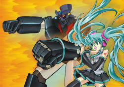 Rule 34 | 1boy, 1girl, angry, crossover, green eyes, green hair, hatsune miku, headphones, incoming attack, long hair, mazinger (series), mazinger z, mazinger z (mecha), mecha, microphone, necktie, robot, rocket punch, skirt, superalloy, tattoo, thighhighs, twintails, very long hair, vocaloid, zero jager