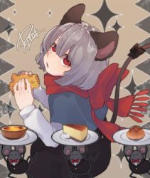 Rule 34 | 1girl, animal ears, black bow, black jacket, black skirt, bow, bowtie, capelet, carrying overhead, cheese, closed eyes, food, formal, from side, grey hair, highres, holding, holding food, jacket, long sleeves, looking up, mouse (animal), mouse ears, mouse tail, nazrin, open mouth, plate, prat rat, red eyes, red neckwear, red scarf, scarf, scarf bow, shirt, short hair, signature, skirt, sparkle, suit, tail, tail bow, tail ornament, touhou, upper body, white shirt