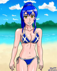 Rule 34 | artist request, bikini, blue hair, breasts, large breasts, lowres, non-web source, ponytail, scotland, scotland flag, smile, solo, swimsuit, teeth, thong, yellow eyes