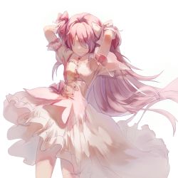 Rule 34 | 1girl, arms behind back, arms up, asymmetrical clothes, asymmetrical hair, backlighting, breasts, buttons, closed mouth, cowboy shot, dot nose, dress, facing viewer, floating hair, frilled skirt, frilled sleeves, frills, glint, hair ribbon, happy, highres, kaname madoka, kikuko, legs apart, long dress, long hair, mahou shoujo madoka magica, mahou shoujo madoka magica (anime), no eyes, pale color, pink hair, pink ribbon, pink theme, puffy short sleeves, puffy sleeves, ribbon, shaded face, short sleeves, simple background, single thighhigh, skirt, small breasts, smile, solo, soul gem, thighhighs, thighs, transformation, two side up, ultimate madoka, very long hair, white background, white dress, white ribbon, white skirt, white theme, white thighhighs, wide sleeves
