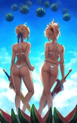 Rule 34 | 2girls, artoria pendragon (fate), artoria pendragon (swimsuit archer) (fate), artoria pendragon (swimsuit archer) (first ascension) (fate), ass, back, bare shoulders, bikini, blonde hair, blue sky, braid, breasts, clarent (fate), excalibur (fate/stay night), fate/grand order, fate (series), food, french braid, fruit, hair bun, hair ribbon, highres, long hair, melon, mordred (fate), mordred (fate) (all), mordred (swimsuit rider) (fate), mordred (swimsuit rider) (first ascension) (fate), mother and daughter, multiple girls, ponytail, ribbon, sidelocks, sky, small breasts, suikawari, swimsuit, sword, thighs, tonee, weapon, white bikini