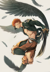 Rule 34 | 1boy, abs, absurdres, bare pectorals, barefoot, black feathers, black leggings, emiya shirou, fate/grand order, fate (series), feathered wings, feathers, feet, flying, foot out of frame, highres, holding, holding sword, holding weapon, katana, leggings, looking at viewer, male focus, mask, nipples, official alternate costume, okonon (kado colda), orange hair, pectorals, senji muramasa (fate), short hair, soles, solo, spread wings, stomach, sword, toes, toned, toned male, weapon, wings, yellow eyes