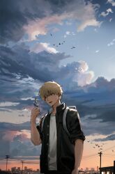 Rule 34 | 1boy, black jacket, blonde hair, building, chainsaw man, cityscape, cloud, denji (chainsaw man), food, geboku0406, highres, ice cream, jacket, looking at food, male focus, outdoors, shirt, short hair, short sleeves, simple bird, solo, upper body, utility pole, white shirt