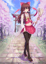 Rule 34 | 1girl, absurdres, bare shoulders, black thighhighs, blue sky, blush, bow, brick road, broom, brown footwear, brown hair, cherry blossoms, clothes lift, cloud, collarbone, commentary request, crop top, dahe zhuang (yishi fanhua), day, detached sleeves, flower, frilled bow, frilled shirt collar, frills, full body, geta, grass, hair between eyes, hair bow, hair tubes, hakurei reimu, highres, holding, holding broom, lifted by self, long hair, long sleeves, looking at viewer, midriff, miniskirt, mushroom, navel, nose blush, outdoors, petals, petticoat, pleated skirt, rainbow, red bow, red eyes, red flower, red skirt, ribbon-trimmed sleeves, ribbon trim, sarashi, sidelocks, signature, skirt, skirt lift, sky, smile, solo, standing, stomach, thighhighs, thighs, torii, touhou, tree, wide sleeves, yellow bow, yellow neckwear, yin yang