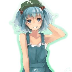 Rule 34 | 1girl, adapted costume, arm behind head, armpits, bare arms, bare shoulders, blue eyes, blue hair, collarbone, hair bobbles, hair ornament, hat, highres, kawashiro nitori, looking at viewer, matching hair/eyes, nuqura, overalls, parted lips, short hair, smile, solo, tank top, touhou, two side up, upper body