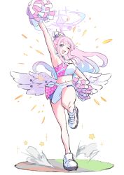 Rule 34 | 1girl, absurdres, blue archive, cheerleader, crop top, feathered wings, hair ornament, hair scrunchie, halo, herushi shiko, highres, mika (blue archive), multicolored eyes, multicolored hair, navel, pink hair, pink halo, pom pom (cheerleading), ponytail, scrunchie, simple background, white background, white sneakers, wings