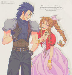 Rule 34 | 1boy, 1girl, aerith gainsborough, armor, bangle, belt, belt buckle, black hair, black pants, blue eyes, blush, bracelet, braid, braided ponytail, breasts, brown gloves, brown hair, buckle, choker, cleavage, closed eyes, collarbone, commentary, couple, cowboy shot, crisis core final fantasy vii, dress, drill hair, drill sidelocks, english text, final fantasy, final fantasy vii, final fantasy vii rebirth, final fantasy vii remake, gloves, hair ribbon, hair slicked back, hand in pocket, happy, height difference, highres, jacket, jewelry, locked arms, long hair, looking at another, medium hair, multiple belts, open clothes, open jacket, open mouth, pants, parted bangs, pink dress, pink ribbon, red jacket, ribbed sweater, ribbon, sarafabrizi, short hair, shoulder armor, sidelocks, sleeveless, sleeveless turtleneck, small breasts, smile, spiked hair, suspenders, sweater, symbol-only commentary, tumblr username, turtleneck, turtleneck sweater, twitter username, zack fair