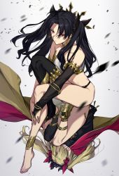 Rule 34 | 2girls, absurdres, anklet, armlet, asymmetrical legwear, asymmetrical sleeves, bare shoulders, black cape, black hair, black legwear, blonde hair, breasts, bridal gauntlets, cape, crown, detached collar, earrings, elbow gloves, ereshkigal (fate), expressionless, fate/grand order, fate (series), full body, fur-trimmed cape, fur trim, gloves, hair ribbon, highres, hoop earrings, ishtar (fate), jewelry, long hair, looking at viewer, medium breasts, multicolored cape, multicolored clothes, multiple girls, namakawa, navel, neck ring, parted bangs, red cape, red eyes, ribbon, siblings, single elbow glove, single sleeve, single thighhigh, sisters, thighhighs, tiara, toeless legwear, two side up, uneven legwear, uneven sleeves, very long hair, yellow cape