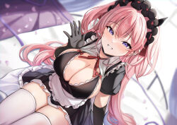 Rule 34 | 1girl, apron, bed sheet, black dress, black gloves, breasts, cleavage, curtains, dress, elbow gloves, gloves, grin, hair between eyes, highres, j young, large breasts, long hair, looking at viewer, maid, maid apron, maid headdress, non-web source, on bed, original, petals, pink hair, purple eyes, short sleeves, sitting, smile, solo, thighhighs, very long hair, white apron, white thighhighs, window