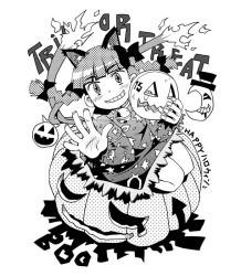 Rule 34 | 1girl, animal ears, cat ears, cat girl, cat tail, english text, female focus, fire, greyscale, halloween, happy halloween, jack-o&#039;-lantern, kaenbyou rin, kannazuki hato, mask, monochrome, multiple tails, pumpkin, simple background, solo, symbol-shaped pupils, tail, touhou, translation request, trick or treat