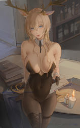 Rule 34 | 1girl, animal ears, antlers, arknights, bare shoulders, black eyes, black gloves, black leotard, black pantyhose, blinking, blonde hair, book, book stack, boots, breasts, candle, cleavage, commission, covered navel, deer antlers, deer ears, deer girl, detached collar, envelope, fire, gloves, highres, holding, holding envelope, horns, indoors, large breasts, leotard, lips, long hair, looking at viewer, pantyhose, parted lips, pixiv commission, pixiv id, playboy bunny, rifu (643763873), single thigh boot, skindentation, smile, solo, standing, strapless, strapless leotard, table, thigh boots, thigh strap, very long hair, viviana (arknights), wrist cuffs