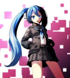 Rule 34 | 1girl, absurdres, bad id, bad pixiv id, blue eyes, blue hair, cowboy shot, from below, hair between eyes, hands in pockets, hatsune miku, highres, jacket, long hair, midriff, open mouth, project diva (series), rolling girl (vocaloid), school uniform, serafuku, solo, tsukishiro saika, twintails, vocaloid, white background