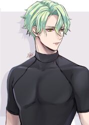 Rule 34 | 1boy, alternate hairstyle, black shirt, commentary request, frown, green eyes, green hair, grey background, letterboxed, looking to the side, male focus, okurabaakaa, sebek zigvolt, shirt, signature, simple background, solo, tight clothes, toned, toned male, twisted wonderland, twitter username, upper body