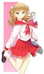 Rule 34 | 1girl, adjusting footwear, aduti momoyama, bow, bowtie, briefcase, brown eyes, cosplay, highres, leg up, light brown hair, loafers, long hair, looking at viewer, nijisanji, red bow, red bowtie, red sailor collar, red skirt, sailor collar, school briefcase, school uniform, serafuku, shirt, shoes, sister claire, skirt, smile, socks, solo, to heart (series), virtual youtuber, white shirt, white socks
