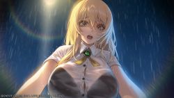 Rule 34 | 1girl, :o, black bra, blonde hair, bolo tie, bra, breasts, buttons, collared shirt, female focus, green eyes, highres, large breasts, looking at viewer, looking down, love delivery, mmlyno, necktie, night, night sky, original, outdoors, pov, rain, see-through, see-through shirt, shirt, sky, solo, taut clothes, taut shirt, underwear, upper body, water drop, wet, wet clothes, wet shirt, white shirt