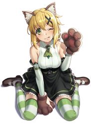 Rule 34 | 1girl, akatsuki kirika, animal ears, animal hands, bare shoulders, blonde hair, blush, breasts, cat ears, closed mouth, collarbone, dress, frilled dress, frills, full body, gloves, green eyes, hair ornament, hairclip, large breasts, legs, looking at viewer, mary janes, one eye closed, paw gloves, senki zesshou symphogear, shoes, short hair, simple background, solo, striped clothes, striped thighhighs, thighhighs, tongue, tongue out, tsukamoto kensuke, white background