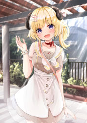 Rule 34 | 1girl, :d, ahoge, animal ears, apron, blonde hair, blush, bow, bow choker, bowtie, breasts, choker, commentary request, dress, ex idol, flower bracelet, hair ornament, hairclip, highres, hololive, horns, long hair, looking at viewer, medium breasts, open mouth, purple eyes, red choker, revision, sailor collar, see-through, see-through sleeves, sheep ears, sheep horns, short sleeves, smile, solo, striped clothes, striped dress, tsunomaki watame, tsunomaki watame (street casual), vertical-striped clothes, vertical-striped dress, virtual youtuber, white apron, white bow, white bowtie, white sailor collar