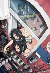 Rule 34 | 2girls, android, barefoot, black eyes, black hair, boat, book, canal, casual nudity, clothesline, computer, day, from above, highres, joints, looking up, lying, multiple girls, nude, on stomach, original, perspective, robot joints, subdermal port, sukabu, watercraft, window, windowsill
