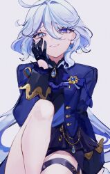 Rule 34 | 1girl, absurdres, ahoge, ascot, black gloves, blue ascot, blue brooch, blue eyes, blue hair, blue jacket, commentary, furina (genshin impact), genshin impact, gloves, hair between eyes, hair intakes, hand on own cheek, hand on own face, hand up, heterochromia, highres, jacket, knee up, light blue hair, long bangs, long hair, long sleeves, mile (off8mile), mismatched pupils, parted lips, simple background, sitting, smile, smirk, solo, swept bangs, symbol-shaped pupils, thigh strap, white background