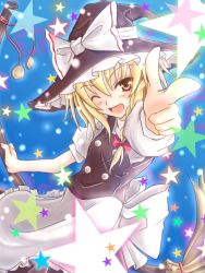 Rule 34 | 1girl, bad id, bad pixiv id, blonde hair, broom, brown eyes, female focus, gradient background, hat, kirisame marisa, momokumo, one eye closed, pointing, ribbon, solo, touhou, wink, witch, witch hat