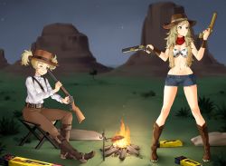 Rule 34 | 2girls, alternate costume, animal print, belt, blonde hair, boots, breasts, brown footwear, brown legwear, campfire, cleavage, commentary, commission, cow print, cowboy hat, denim, denim shorts, english commentary, fire emblem, fire emblem awakening, fire emblem fates, grandmother and granddaughter, gun, handgun, hat, highres, holding, holding gun, holding weapon, igni tion, lever action, lissa (fire emblem), midriff, multiple girls, navel, nintendo, ophelia (fire emblem), pants, pistol, rifle, scarf, shorts, sitting, standing, weapon