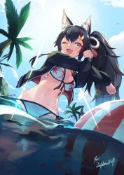 Rule 34 | 1girl, ;d, animal ear fluff, animal ears, backlighting, ball, beachball, bikini, bikini under clothes, black hair, black jacket, breasts, cleavage, cross-body stretch, day, dutch angle, eyeshadow, front-tie bikini top, front-tie top, hair ornament, hair ribbon, hand up, highres, hololive, jacket, large breasts, long hair, long sleeves, looking to the side, makeup, multicolored hair, navel, no pants, one eye closed, ookami mio, ookami mio (hololive summer 2019), open clothes, open jacket, open mouth, orange eyes, outdoors, palm tree, print bikini, ribbon, shimotsuki shio, side-tie bikini bottom, side ponytail, smile, solo, stomach, strap gap, streaked hair, string bikini, sunlight, swimsuit, tail, tail wrap, thighs, tree, virtual youtuber, wading, water, white bikini, wolf ears