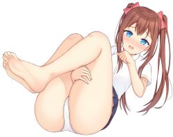 Rule 34 | 1girl, bare legs, barefoot, blue eyes, blue skirt, bow, breasts, brown hair, collared shirt, dress shirt, feet, full body, hair bow, legs, looking at viewer, lying, on back, open mouth, original, panties, pleated skirt, red bow, school uniform, seventeen (st17215), shirt, short sleeves, sidelocks, simple background, skirt, soles, solo, twintails, underwear, white background, white panties, white shirt