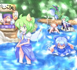 Rule 34 | 6+girls, ankle socks, antennae, blonde hair, blue eyes, blue hair, bow, breasts, cirno, daiyousei, dress, facing away, fairy wings, fish, fishing line, fishing rod, food stand, forest, glint, green eyes, green hair, hair bow, hair ribbon, head back, innertube, japanese clothes, juliet sleeves, jumping, kikurage (sugi222), kimono, lantern, long sleeves, looking at another, mary janes, mermaid, monster girl, multiple girls, mystia lorelei, nature, obi, okamisty, open mouth, orange eyes, outdoors, pink hair, puffy short sleeves, puffy sleeves, ribbon, rock, rumia, sash, shoes, shore, short hair, short sleeves, side ponytail, sitting, sitting on rock, skirt, skirt set, small breasts, smile, sneaking, socks, swim ring, team 9, touhou, wading, wakasagihime, water, wet, wet clothes, wings, wriggle nightbug, wringing clothes, wringing skirt