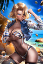 Rule 34 | 1girl, android 18, ayya sap, beach, blonde hair, blue eyes, breast hold, breasts, clenched hand, dragon ball, dragonball z, earrings, highres, jewelry, nail polish, puckered lips, short hair, solo, standing, tagme