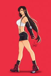 Rule 34 | 1girl, arms behind back, black hair, black skirt, boots, breasts, brown eyes, cleavage, crop top, elbow gloves, elbow pads, final fantasy, final fantasy vii, fingerless gloves, from side, gloves, highres, jen bartel, long hair, looking at viewer, low-tied long hair, materia, own hands together, red background, red footwear, red gloves, skirt, smile, solo, square enix, suspender skirt, suspenders, tank top, tifa lockhart, toned, very long hair