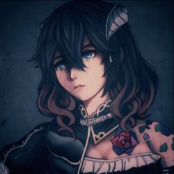 Rule 34 | 1girl, black hair, bloodstained: ritual of the night, blue eyes, breasts, cleavage, dark, dark background, fixelcat, miriam (bloodstained), portrait, solo, tattoo, wavy hair