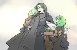 Rule 34 | 1girl, 2boys, 53t3th, bow, byleth (fire emblem), byleth (male) (fire emblem), cake, candle, closed eyes, drill hair, family, fire emblem, fire emblem: three houses, flayn (fire emblem), food, from side, green hair, hair ornament, happy birthday, highres, hug, long hair, multiple boys, nintendo, open mouth, pointy ears, seteth (fire emblem), smile