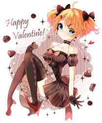 Rule 34 | 1girl, ahoge, armband, black gloves, black thighhighs, blonde hair, blue eyes, bow, candy, chocolate, chocolate heart, dress, earrings, food, gloves, hair bow, hair ornament, hairpin, halterneck, happy valentine, heart, heart earrings, high heels, ikari (aor3507), jewelry, kagamine rin, looking at viewer, ribbon, short hair, short twintails, sleeveless, smile, solo, striped clothes, striped dress, thighhighs, twintails, valentine, vertical-striped clothes, vertical-striped dress, vocaloid
