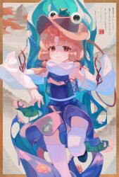 Rule 34 | 1girl, absurdres, animal, animal on head, animal print, bare shoulders, blue skirt, blue vest, border, brown hat, cindy717, closed mouth, commentary, detached sleeves, frog, frog on head, frog print, hat, highres, leaf, leg up, long sleeves, looking at viewer, moriya suwako, on head, orange eyes, orange hair, parted bangs, red ribbon, ribbon, scarf, seal impression, skirt, smile, solo, standing, standing on one leg, thighhighs, touhou, vest, white scarf, white sleeves, white thighhighs, wide sleeves, zettai ryouiki