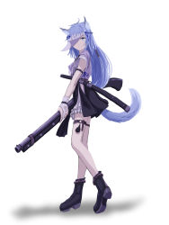 Rule 34 | 1girl, absurdres, ahoge, animal ears, blue eyes, blue hair, blue ribbon, blue tail, full body, gun, hair ornament, highres, holding, holding weapon, looking at viewer, mikisai, one eye covered, open mouth, original, ribbon, simple background, solo, tail, weapon, white background