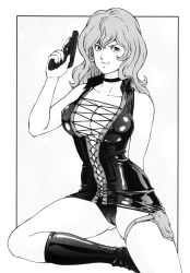 Rule 34 | 1girl, black panties, boots, breasts, cleavage, female focus, gun, highres, large breasts, long hair, looking at viewer, lupin iii, mine fujiko, monochrome, no bra, panties, rippadou, smile, solo, thighhighs, tms entertainment, underwear, weapon, white background
