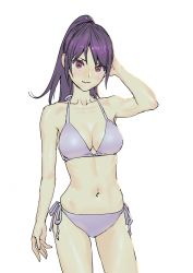 Rule 34 | 1girl, arm up, bikini, breasts, cleavage, collarbone, commentary request, cowboy shot, halterneck, hand to head, highres, long hair, looking at viewer, medium breasts, navel, original, peco (pockleberry), ponytail, purple eyes, purple hair, side-tie bikini bottom, simple background, smile, solo, swimsuit, white background