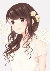 Rule 34 | 1girl, blush, breasts, brown eyes, brown hair, closed mouth, collarbone, earrings, flower, hair flower, hair ornament, hayami saori, highres, jewelry, long hair, looking away, real life, short sleeves, small breasts, smile, solo, upper body, yui (spica)