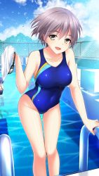 Rule 34 | 1girl, :d, blue one-piece swimsuit, breasts, climbing ladder, collarbone, competition swimsuit, covered navel, day, doukyuusei, doukyuusei another world, game cg, hair between eyes, highleg, highleg swimsuit, holding, kurokawa satomi, looking at viewer, medium breasts, official art, one-piece swimsuit, open mouth, outdoors, pool, pool ladder, school swimsuit, short hair, silver hair, smile, solo focus, swimsuit, thigh gap, yellow eyes
