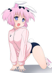 Rule 34 | + +, 10s, 1girl, all fours, animal ears, bent over, blue eyes, blush, bow, breasts, rabbit ears, rabbit tail, buruma, gotter, hair bow, hibari (senran kagura), jacket, large breasts, murata denji, open mouth, pink hair, senran kagura, shoes, short hair, short twintails, smile, sneakers, solo, symbol-shaped pupils, tail, track jacket, twintails