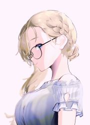 Rule 34 | 1girl, absurdres, alternate costume, azur lane, bespectacled, blonde hair, blue eyes, breasts, from side, glasses, hair over shoulder, highres, hood (azur lane), large breasts, long hair, moonlgnance, off-shoulder shirt, off shoulder, pink background, shirt, short sleeves, simple background, solo, upper body, white shirt