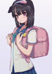Rule 34 | 1girl, backpack, bag, black hair, crime prevention buzzer, flat chest, hat, highres, himeragi rinze, looking at viewer, medium hair, open mouth, randoseru, reco love, reco love gold beach, saisho no nakama, school uniform, simple background, skirt, solo