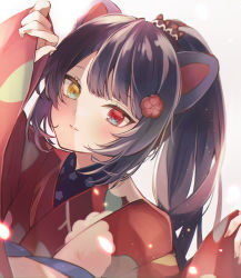 Rule 34 | 1girl, 7aka ne11, animal ears, blush, brown hair, commentary, hair between eyes, hair ornament, heterochromia, highres, inui toko, japanese clothes, kimono, long hair, long sleeves, looking at viewer, nijisanji, ponytail, red eyes, sleeves past wrists, smile, solo, sparkle, upper body, virtual youtuber, white background, yellow eyes
